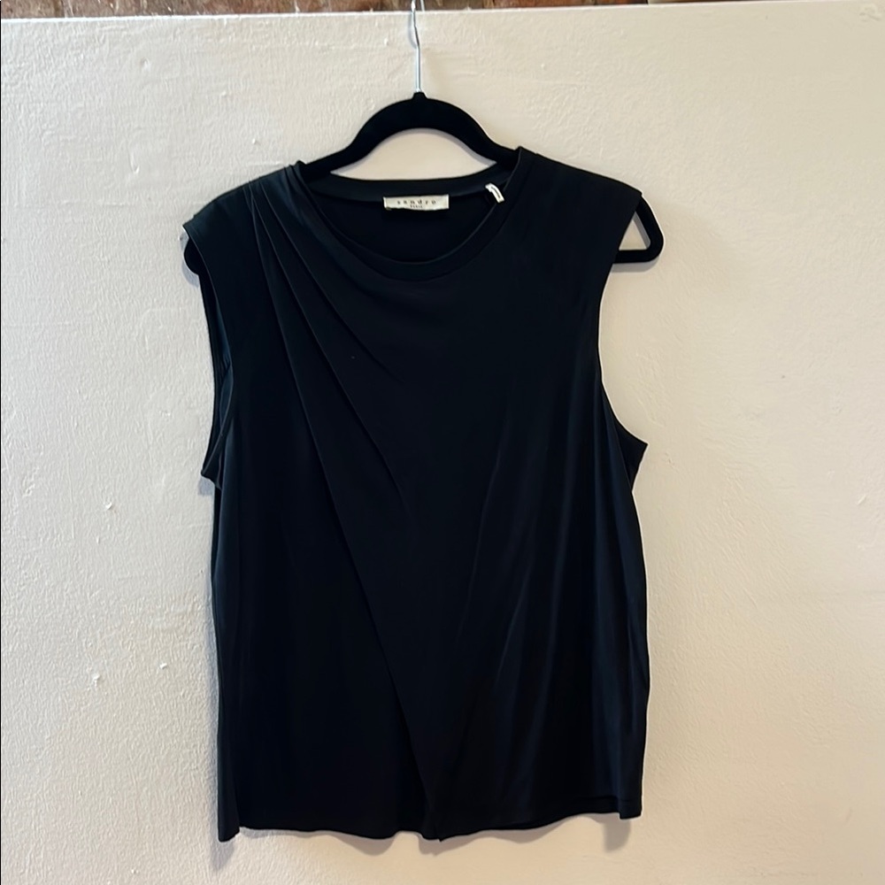 Sandro Black Sleeveless Draped Muscle Tee with Silk Details